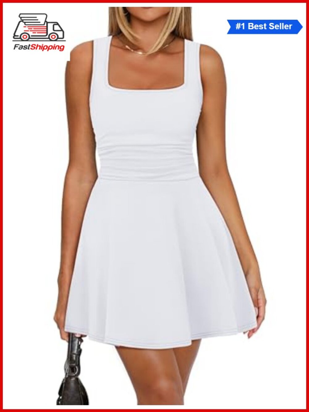Summer Square Neck Sleeveless Mini Dress Ruched Waist Fit and Flare Pleated